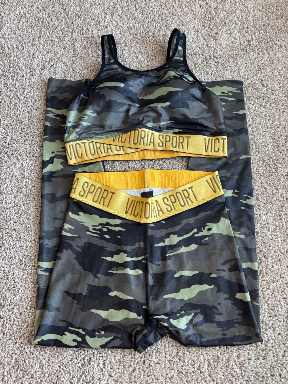 Victoria's Secret Camo Leggings & Sports Bra Set with Yellow Waistband